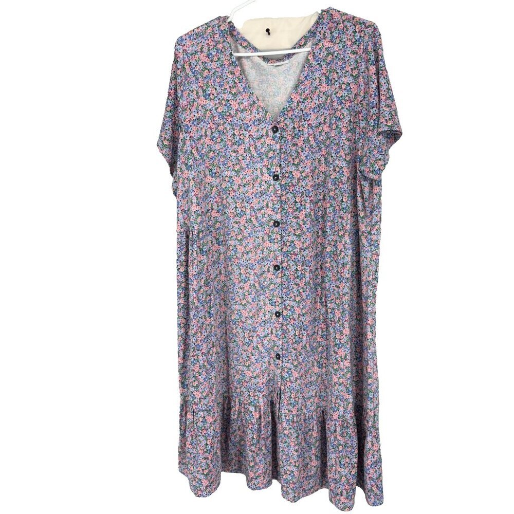 J Jill Women XLT Ditsy Floral Midi Dress Cottagecore Peasant Tiered Short Sleeve